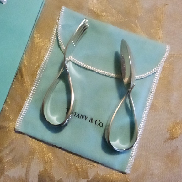 Tiffany Sterling baby spoon & Fork Mother Goose vtg with flannel pouch & bag - Picture 4 of 8